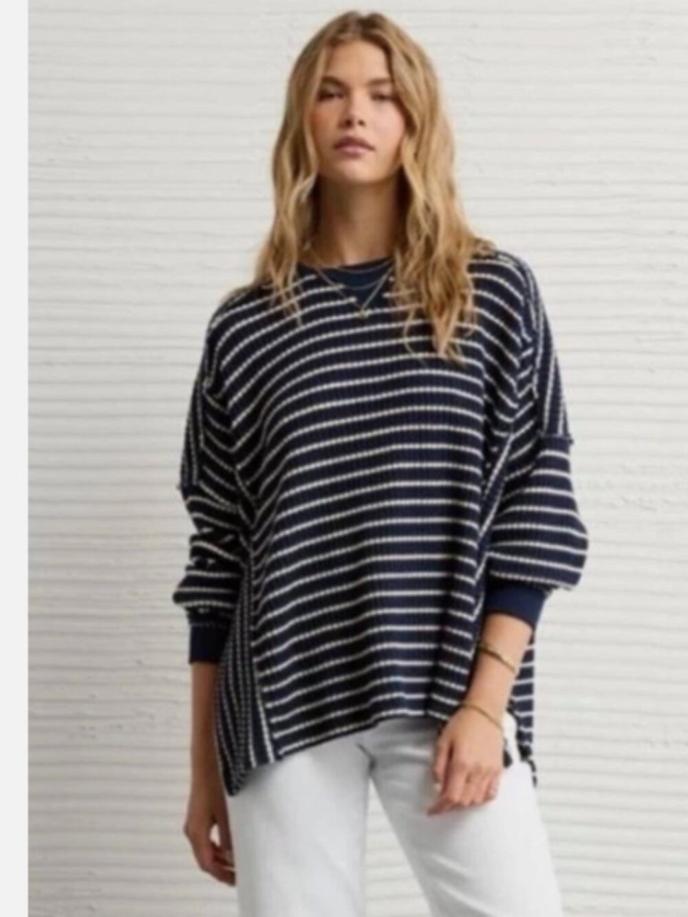 American Eagle Big Hug Soft Notch Neck Waffle Dropped Sl. Striped Sweatshirt XS